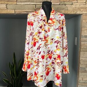 Terra & Sky Vibrant Abstract Office Tunic Top Flowy Longer Back Pink Purple 1X